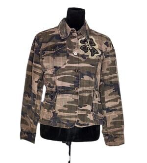 Nwot Motivi Y2K Camo Plaid Embroidered Flower Short Jacket Size 10 Grunge